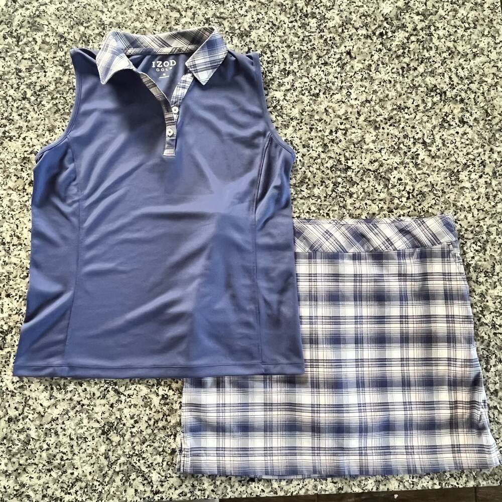 IZOD Golf Women's Sleeveless Polo Shirt with Plaid Collar and Skort Set